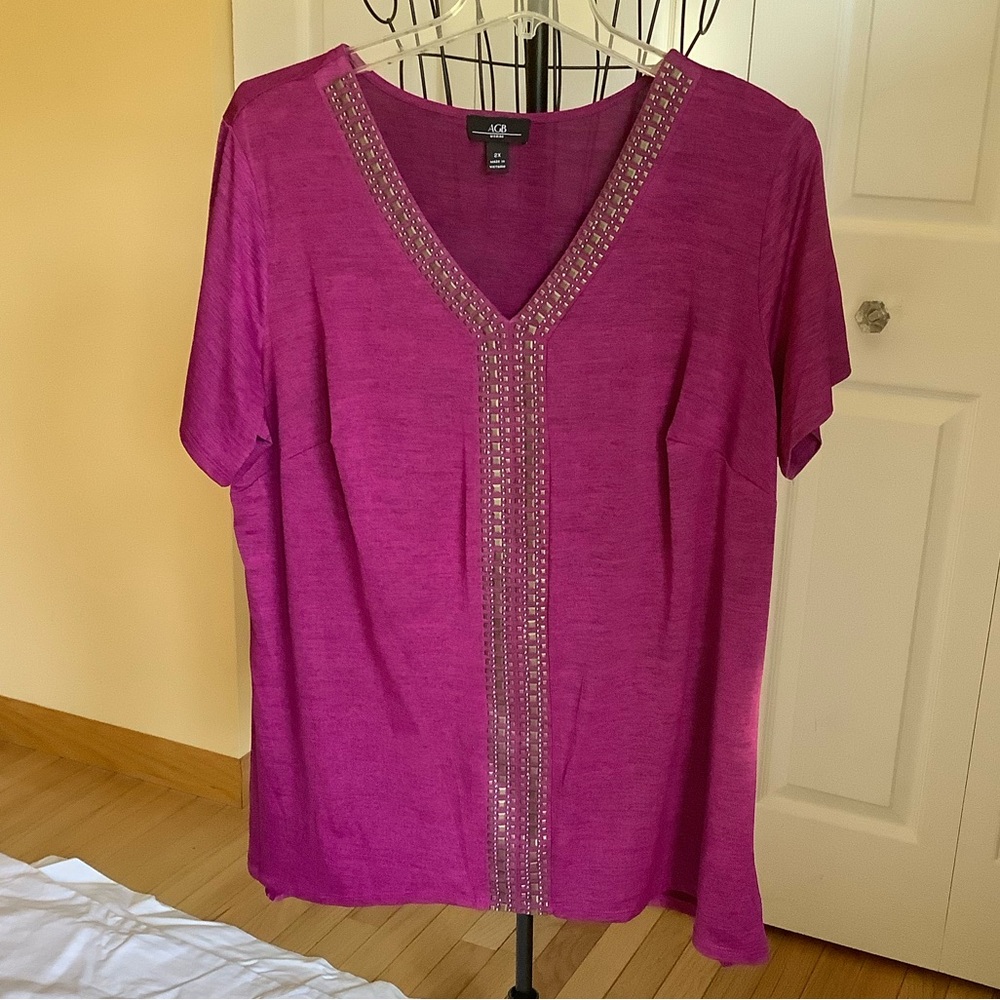 AGB Magenta V-Neck Blouse with Embellished Trim